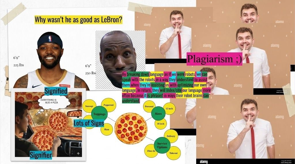 A real slide I made. Semiotics, pizza, LeBron. Nobody asked for this and it was perfect.