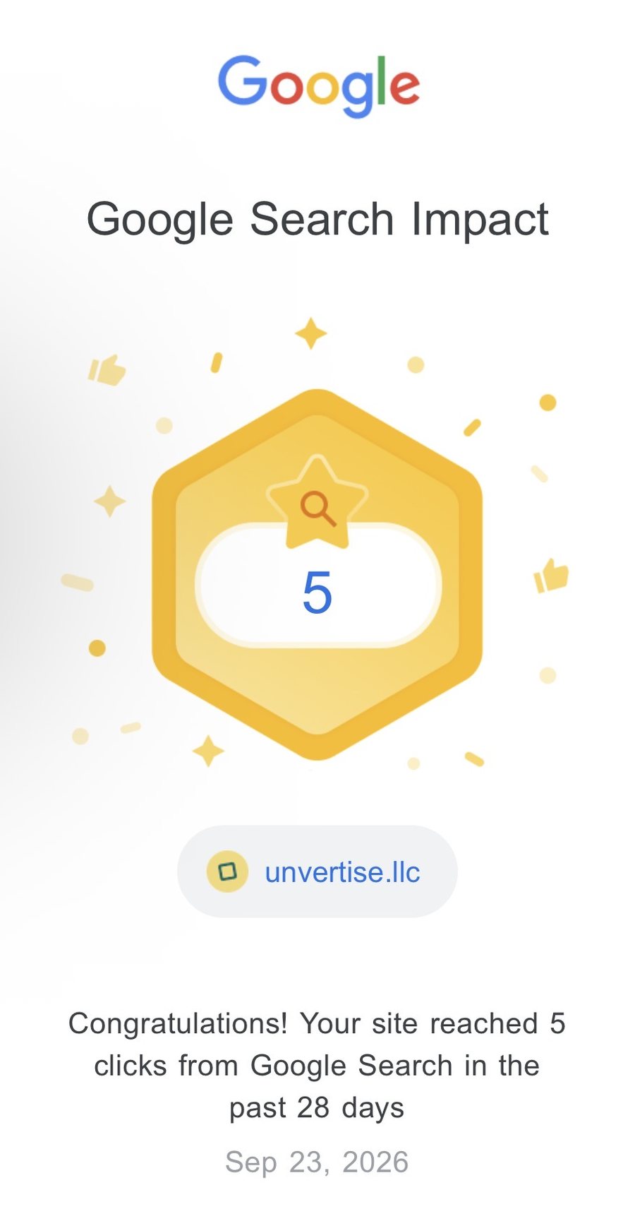 Google Search Console badge: your site reached 5 clicks in the past 28 days